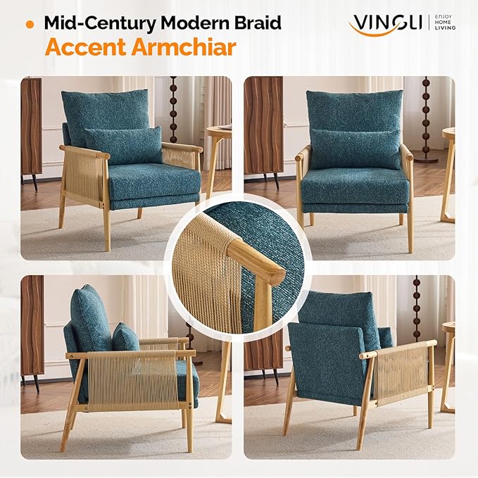 VINGLI Boho Braid Accent Armchair,Mid-Century Modern Chiar with Solid Wooden Armrest,Comfy Louge Cushion Chair with Waist Pillow for Bedroom,Living Room,Reading Room, Teal