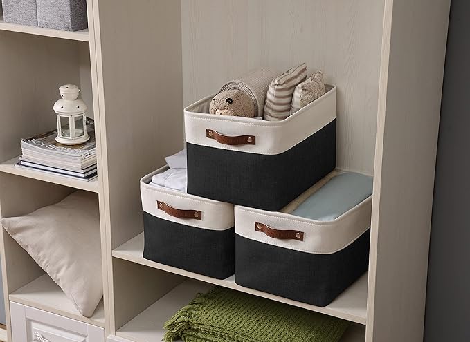 DECOMOMO Storage Bins Fabric Storage Baskets for Shelves, Linen Closet Organization Toys Nursery (Black and White, Large - 3 Pack)