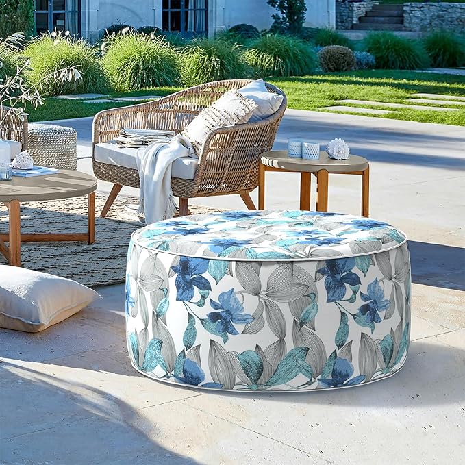 LVTXIII Outdoor/Indoor Inflatable Ottoman, All Weather Round Footrest Stool with Handle D31”x H14”, Portable Pouf for Patio Garden Camping or Home Decoration, Clemens Noir Blue