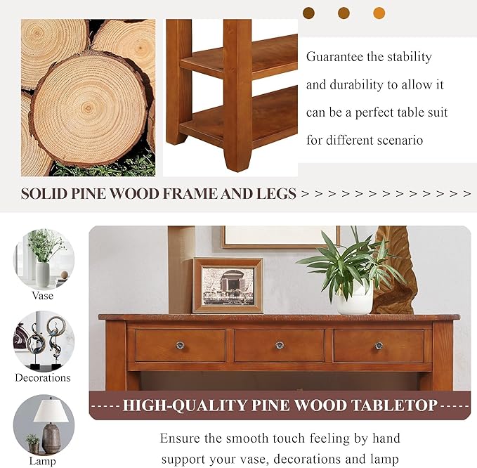 Solid Wood Console Table Entryway Table with Storage Drawers and Bottom Shelf Sofa Table for Entry Hallway Foyer Sofa Couch Table,Fully Assembled (48.8" Brown)