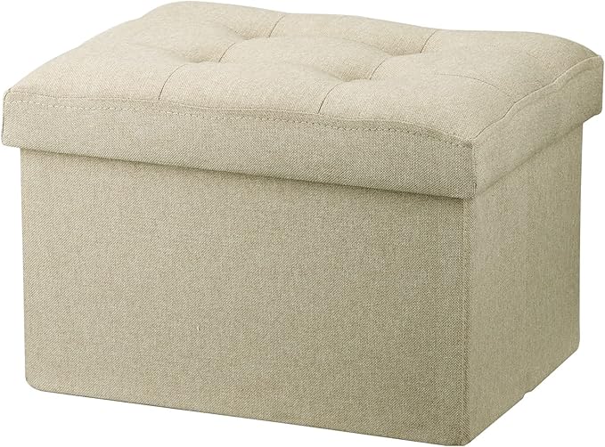 LINMAGCO Ottoman Storage Ottoman with Storage Small Foot Rest Stool Under Desk Stool Short Folding Footrest Linen Cloth Beigh 16X12X12IN