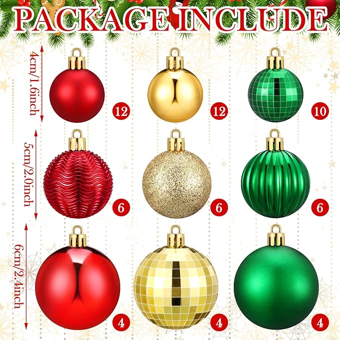 64 Pcs Christmas Ball Ornaments for Christmas Tree Glitter Red Gold Green Ball Ornament Hanging Christmas Decoration Assorted Size Christmas Ornament for Party Supplies, 1.6/1.97/2.4 Inch