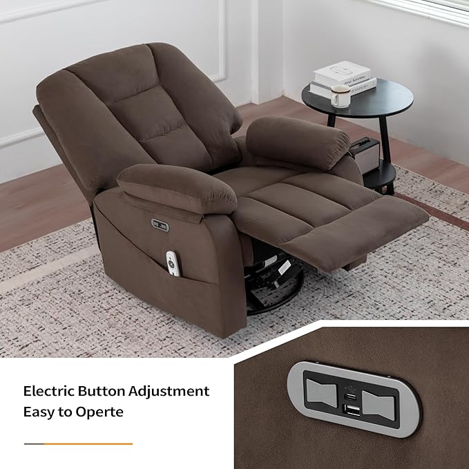 Power Swivel Rocker Recliner Chair for Adults,Rocking Recliners Chairs with Massage and Heat for Living Room, Electric Fabric Reclining Sofa Chair with USB and Type-C Port (Fabric Brown)