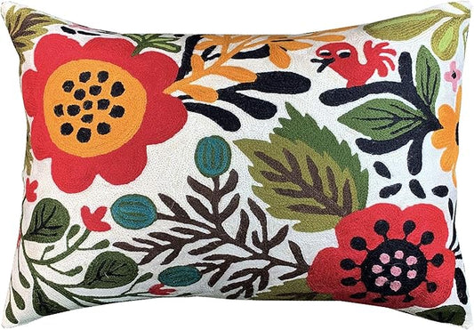 Lumbar Cream Suzani Cushions - Boho Floral Throw Pillows | Outdoor Pillows & Chair Cushions - Hand Embroidered Wool Size - 14x20