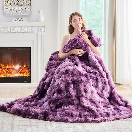 Lotus Karen Faux Fur Throw Blanket Tie-dye Violet - Big Bubble Rabbit Fluff Blanket for Couch Bed Sofa,Softest Fluffy Fuzzy Cozy Blanket,Thick Furry Plush Shaggy Warm Blankets for Women,108x90 Inches