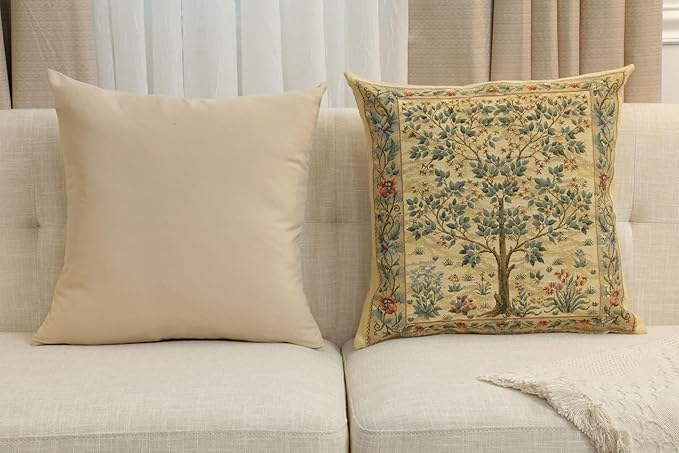Charlotte Home Furnishings Throw Pillow Covers, Decorative Boho Pillow Covers for Couch, Light Tree of Life Square Cushion Cases 18x18 in, European Cotton Jacquard Woven for Cozy Bedroom Decor