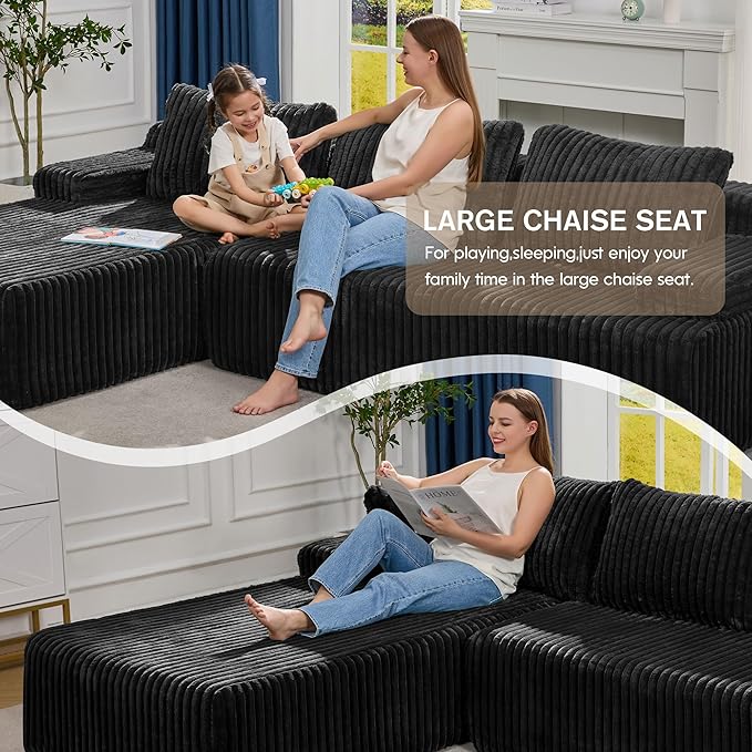 Hobestluk Modular Sectional Sofa Couches 108" L-Shape Couch 3 Seat Modular Sofa Memory Foam Sectional Couches for Living Room, Boneless Couch with Oversized Chaise (Black, Left Facing)