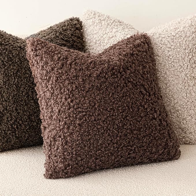 Foindtower Set of 2 Curly Teddy Wool Pillow Covers Decorative Boucle Textured Lumbar Throw Pillow Faux Fur Sherpa Pillowcases Sheepskin Fuzzy Cushion Case for Sofa Bedroom Car 12"x20" Red Brown