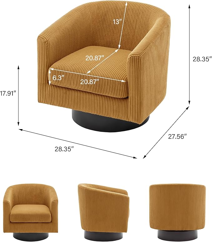 Swivel Barrel Accent Chair, Modern Round Corduroy Fabric Arm Chair for Living Room, Bedroom, Comfy Club Reading Chairs for Adults (Corduroy Orange, Set of 4)