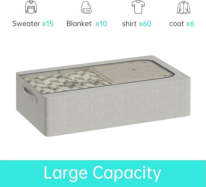 3PCS Under Bed Storage Bins with Metal Frame, Linen Fabric Frame Storage Box Clothes Organizer Bins, Underbed Container with Clear Window (Light Grey, 23.6 x 13 x 6IN)