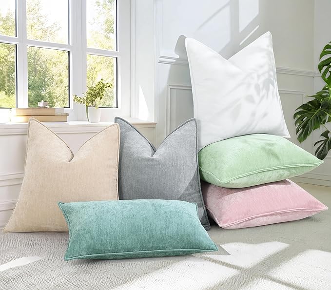 decorUhome Couch Throw Pillow Covers 24x24 Set of 2, Decorative Soft Euro Neutral Chenille Pillow Covers with Elegant Design for Sofa Bed Living Room Home Decor, Aqua Haze