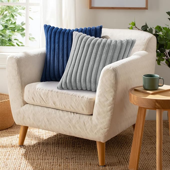 Pallene Faux Fur Plush Throw Pillow Covers 24x24 Set of 2, Luxury Soft Fluffy Striped Decorative Pillow Covers for Sofa, Couch, Living Room, Grey