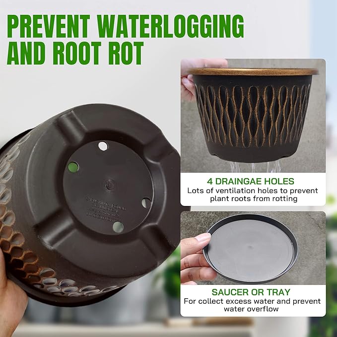 4 Pack 10 Inch Retro Plant Pots, Vintage Striped Flower Pots with Drainage Hole & Saucer, Large Plastic Planters for Indoor and Outdoor Plants, Decorative Garden Pots(Gold)