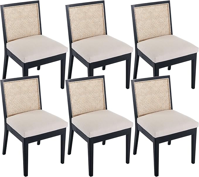 VESCASA Upholstered Dining Chairs with Square Rattan Back, Armless Padded Linen Cushion Dining Chairs with Wood Legs for Dining Room, Kitchen, Set of 6, Black Frame