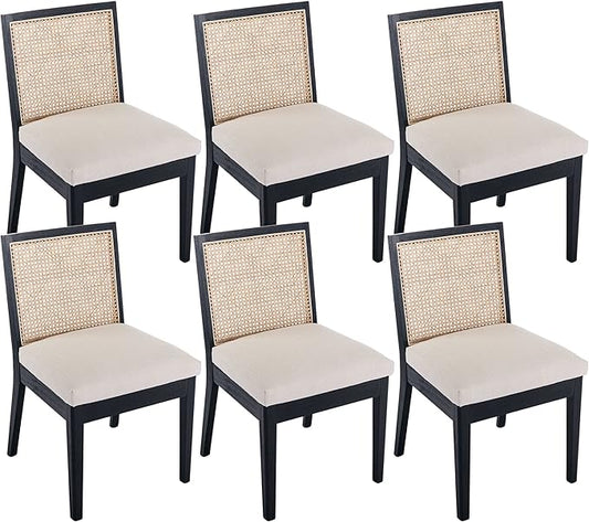 VESCASA Upholstered Dining Chairs with Square Rattan Back, Armless Padded Linen Cushion Dining Chairs with Wood Legs for Dining Room, Kitchen, Set of 6, Black Frame