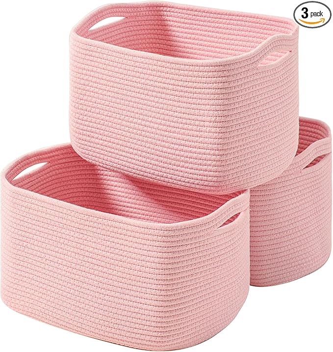Storage Baskets for Organizing Shelves, Pink Basket for Nursery, Woven Cotton Rope Baskets for Storage, Towel Basket for Bathroom, 15"x11"x9.5", 3 Packs, Light Pink