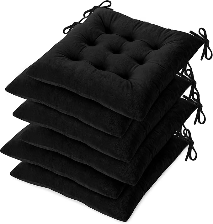 OVOV Chair Cushions for Dining Chairs Set of 6 Tufted Indoor Chair Pads with Ties Soft Square Seat Cushions for Kitchen Chairs 15.5"x15.5",Black