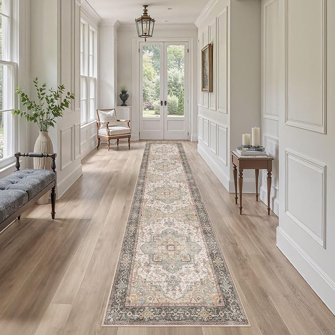 Washable 2.6x12 Runner Rug - Area Rugs Neutral Vintage Distressed Floral Farmhouse Boho Large Soft Floor Rug Indoor Carpet for Hallway Entryway Kitchen Home - Forest Green Orange