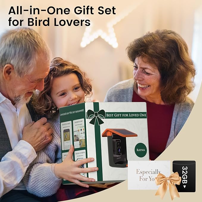 Smart Bird Feeder with Camera, Seamlessly Integrated Solar Panel Birdwatching Camera with SD Card, Lifetime Free AI Identify Bird Species&Auto Video Capture, House Warming Gifts with Greeting Card