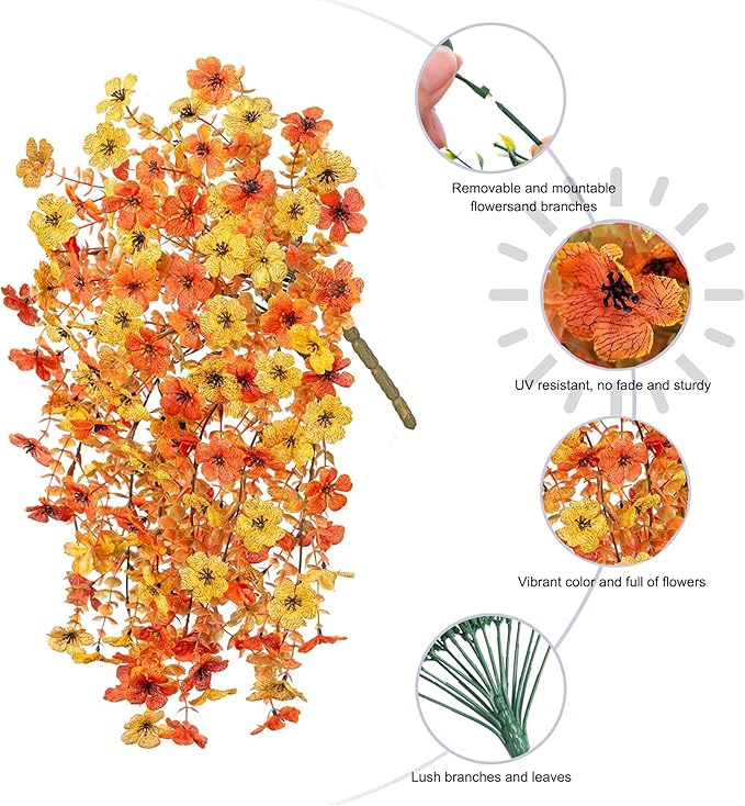 INSPRING Artificial Fall Flowers for Outdoors Decoration, 2Pcs Fake Fall Light Orange & Yellow Hanging Flowers, Faux Autumn Decor for Porch Patio Balcony Planter, Realistic Arrangement