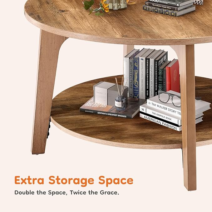 Sweetcrispy Round Coffee Table, 36'' Wood Coffee Tables for Living Room with Storage, 2-Tier Center Circle Counter with Wooded Desktop, 50 lbs Capacity, Anti-Slip Feet, Modern Farmhouse Design, Brown