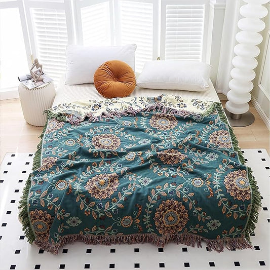 Snycler Boho Throw Blanket for Bed - 100% Cotton Ultra Soft Rustic Quilt - Blue Green Floral Printed Farmhouse Decor Bed Blankets, 80"×90" All Season Rustic Throw for Sofa Couch Chair