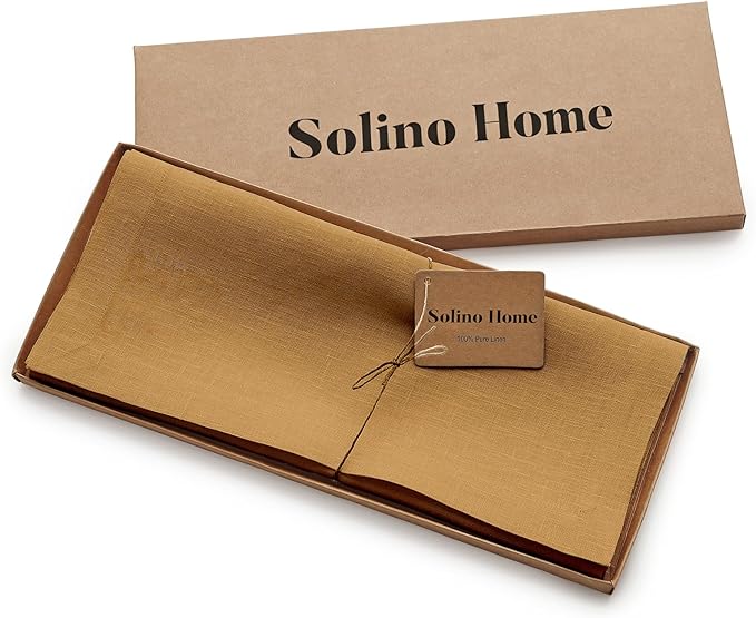 Solino Home Linen Table Runner 36 Inches - 100% Pure Linen Caramel Table Runner 14 x 36 Inch Ideal for Dresser and Coffee Tables - Fall, Autumn, Thanksgiving - Fete