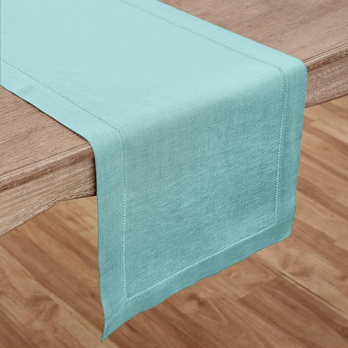 Solino Home Linen Aqua Blue Table Runner 90 Inches Long - 100% Pure Linen Hemstitch 14 x 90 Inch Table Runner for Dining - Classic Hemstitch