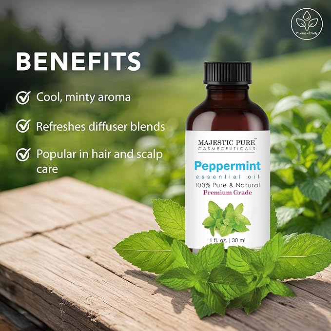 Majestic Pure Peppermint Essential Oil with Glass Dropper - 1 Fl Oz - 100% Pure and Natural Peppermint Oil - Premium Grade Essential Oils for Diffuser, Aromatherapy, Soap and Candle Making