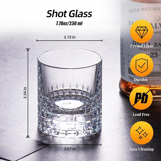 KAMMAK Crystal Whiskey Glasses Set of 2, Luxury 7.78oz Old Fashioned Glasses Stemless, Hand Blown Cocktail Glasses, Handcrafted Cut Scotch Cup for Women, Men Gift for Bourbon Barware, Home Bar
