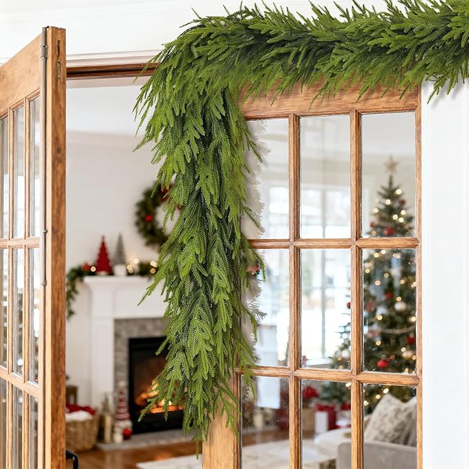 Artificial Norfolk Pine Garland - Faux Christmas Garland Fake Green Garland for Fireplace,Table, Stairs, Mantle, Window,Indoor Outdoor,Home,Holiday Decor (1 PCS,9 FT)