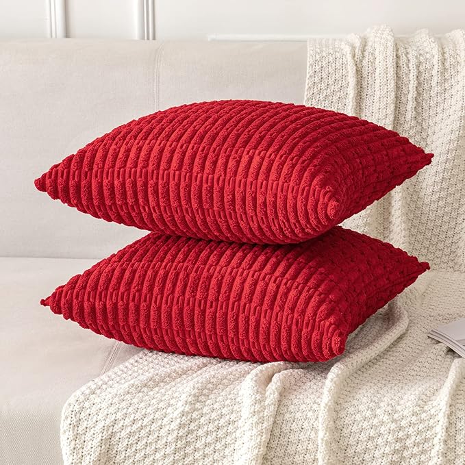 MIULEE Pack of 2 Christmas Red Corduroy Decorative Pillow Covers 20x20 Inch Soft Boho Striped Throw Pillow Covers Modern Farmhouse Home Decor for Sofa Living Room Couch Bed