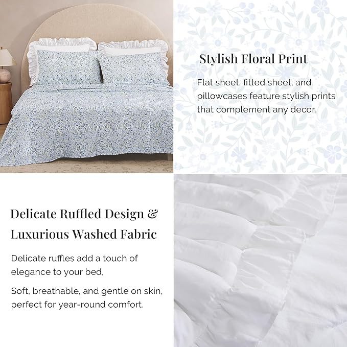 Queen Comforter Set - 7 Pieces Ruffle White Bedding Sets, Shabby Chic Farmhouse Bed in a Bag Queen with Ruffle Comforter, Floral Sheets, Pillowcases & Shams