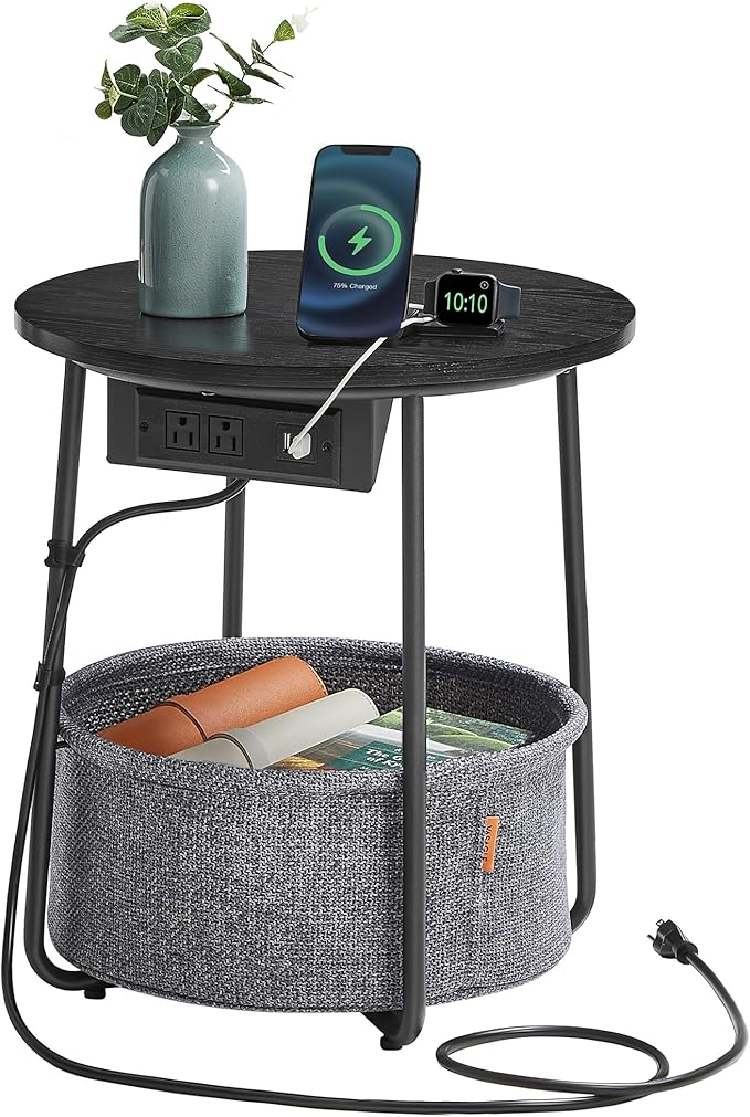VASAGLE Side Table with Charging Station, Round End Table with Fabric Basket, Nightstand with Power Outlets, USB Ports, for Living Room, Bedroom, Modern, Ebony Black and Slate Gray ULET228B01