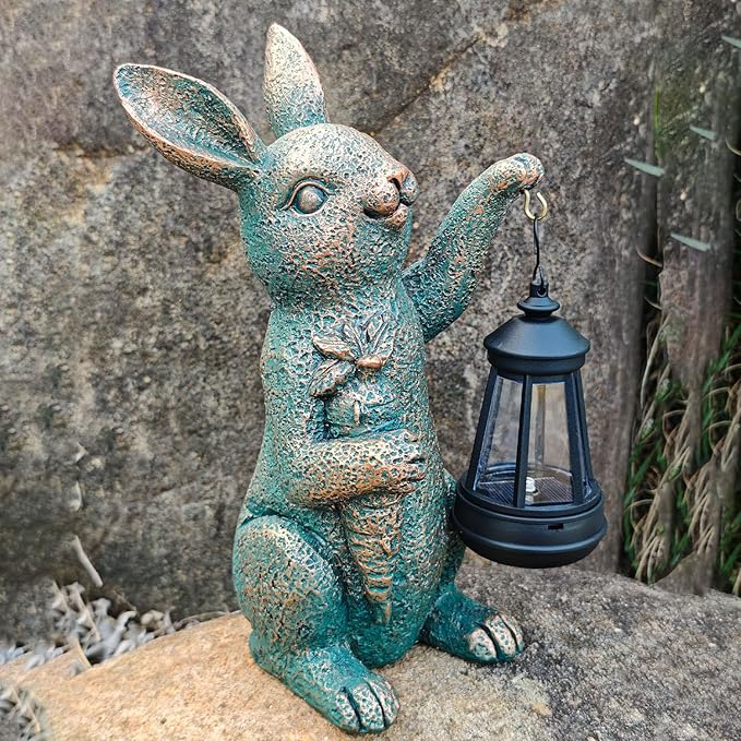 Solar Garden Statues -Rabbit Lantern Outdoor Handmade Resin Statue with LED Light, Cute Carrot Holder for Patio, Yard, Gift Ideas (rabbit2)