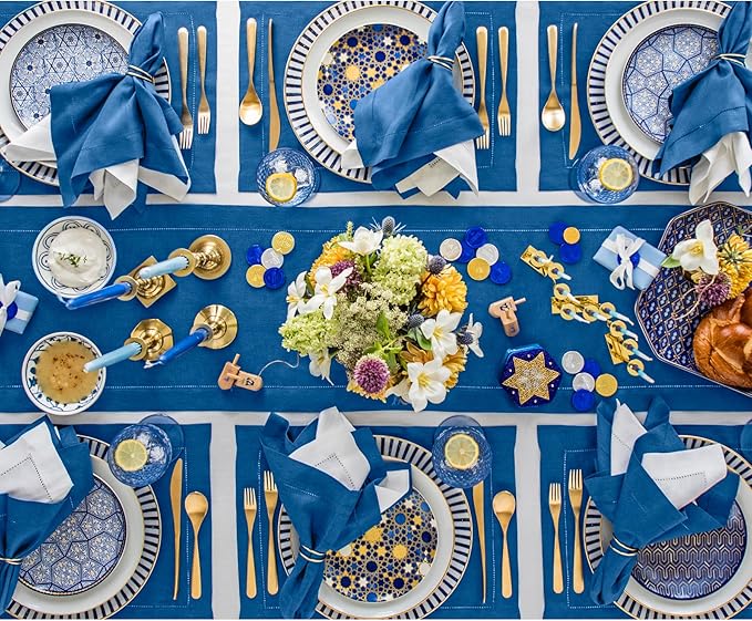 Solino Home Linen Indigo Blue Table Runner 144 Inches Long - 100% Pure Linen Extra Long Table Runner 14 x 144 Inch for Fall, Autumn - Classic Hemstitch