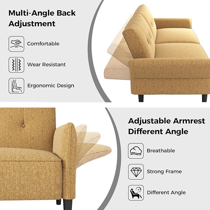 89” Futon Sofa Bed, Linen Comfy Futon Couch Bed with 2 Square Pillows, Convertible Sleeper Sofa with Adjustable Backrest& Armrests, Modern Loveseat Sleeper for Living Room, Bedroom, Yellow