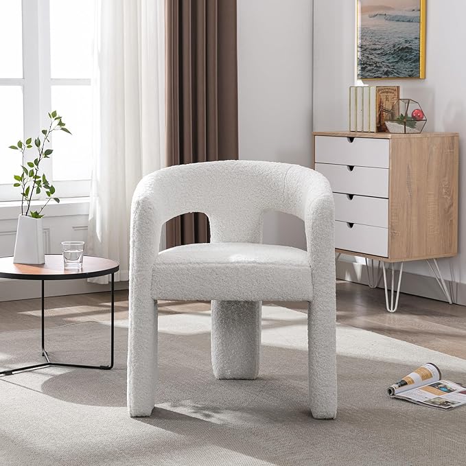 White Boucle Dining Chairs Set of 4, Modern Barrel Dining Room Chairs Upholstered Faux Fur Accent Chair with Arms and Round Back for Living Room Kitchen Armchair No Assembly Needed