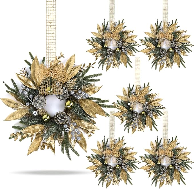 6 Pcs 9 Inch Christmas Wreaths for Kitchen Cabinet Artificial Pine Hanging Cedar Wreath with Christmas Balls Golden Twigs and Silver Berries for Front Door Xmas Winter Farmhouse Home Decorations