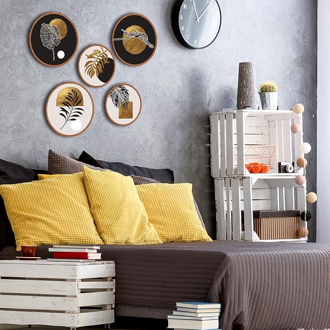 Qunclay 5 Pcs Wall Art Decor Wooden Living Room Wall Decor Bohemian Hanging Farmhouse Geometric 10'' and 8'' Aesthetic Wood Minimalist Posters for Bedroom(Rustic, Leaf)