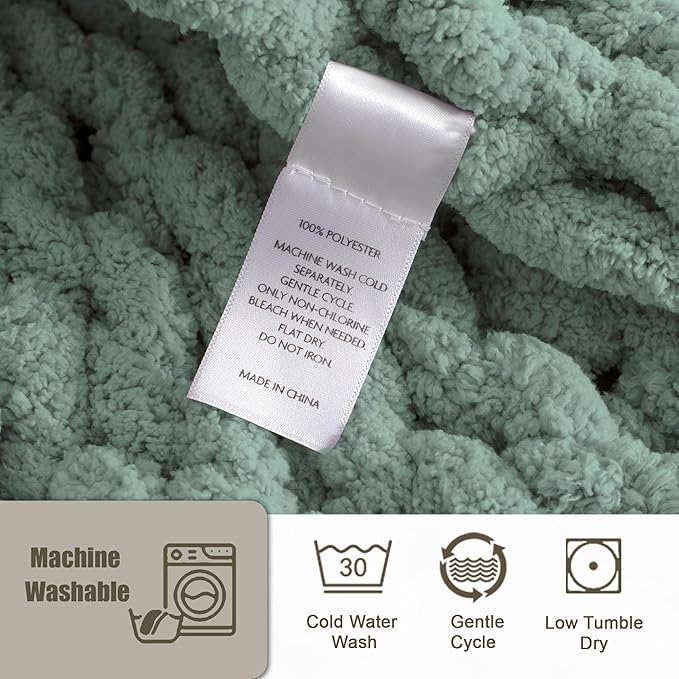 Chunky Knit Throw Blanket 50"X 60", 100% Handmade with Soft Chenille Yarn, 4.4lbs Thick Cable Knitted Blankets, Large Rope Knot Crochet Throws for Couch Sofa Bed Home Decor, Sage Green