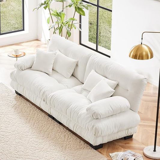 Loveseat Modular Sectional Sofa, Cloud Couch 2 Seater Sectional Couch Home Sofa Living Room Oversized Couch, Modern Deep Seat Couch with Chaise with Round Bolster Armrests 4 Pillows(White)