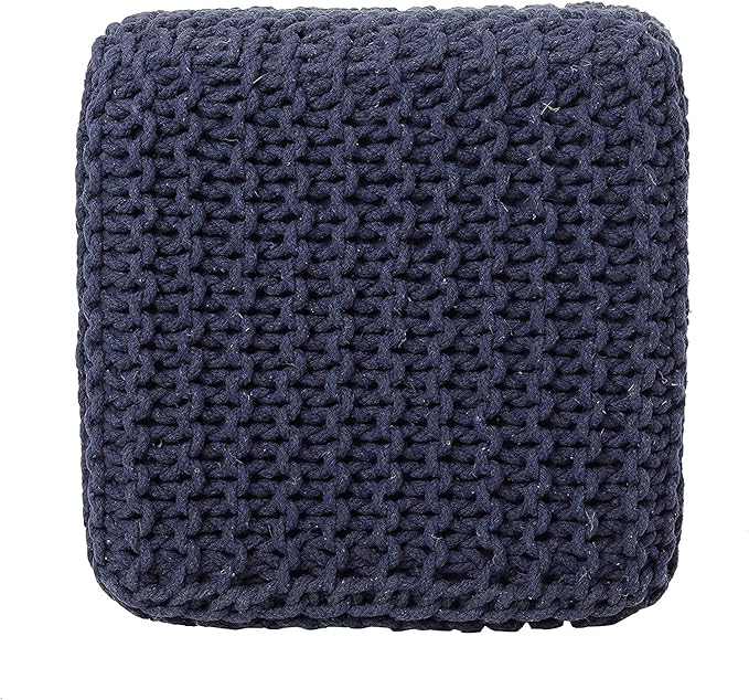 REDEARTH Square Hand Knitted Pouf - Foot Stool Ottoman Coffee Table - Cotton Cord Boho Pouffe - Poof Accent Footrest for Living Room - Bedroom - Library (16" x 16" x 16") - Navy Blue