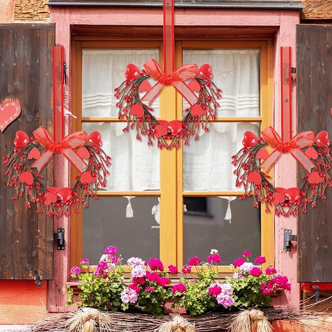6 Pcs Valentine's Day Heart Wreath Artificial Red Berries Heart Wreath Kitchen Cabinet Wreaths Hanging Valentines Day Wreaths for Front Door Window Wedding Birthday Home Decoration