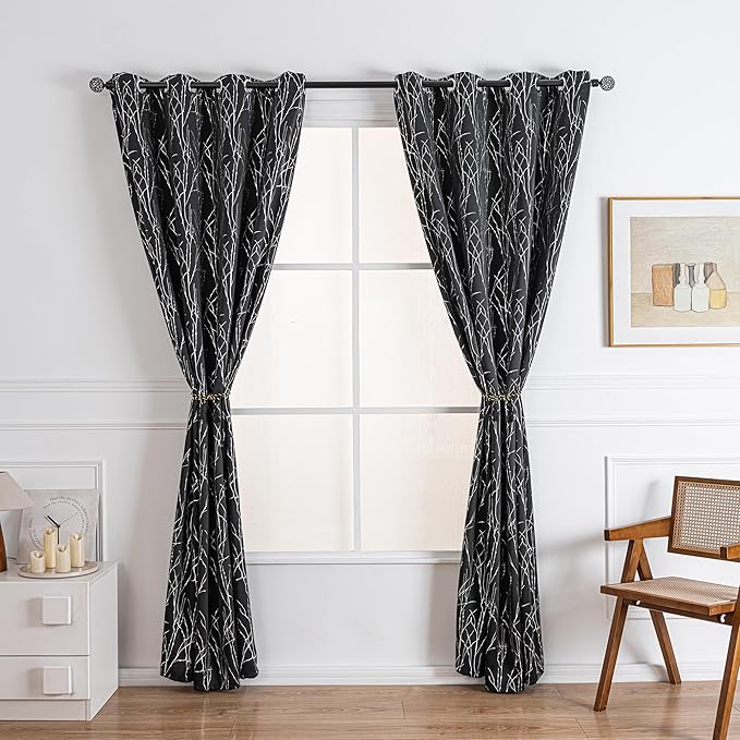 Grommets Blackout Long Window Curtains Black Silver-52W*108L 2PCS Drapes for Bedroom