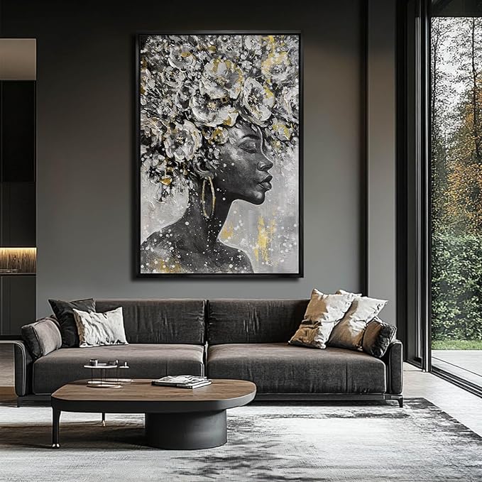 Large Black and Gold African American Wall Art with Framed Black Woman Office Bedroom Living Room Poster Home Hanging Decor 32x48 Inch