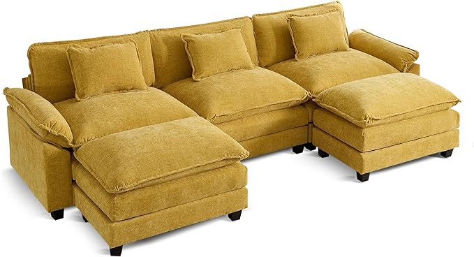 URRED Modular Sectional Sofa Comfy Cloud Couch, Modern Chenille Sofa Sleeper Deep Seat Couches with Ottoman/Pillows for Living Room (Yellow, 117'' - U Shape)