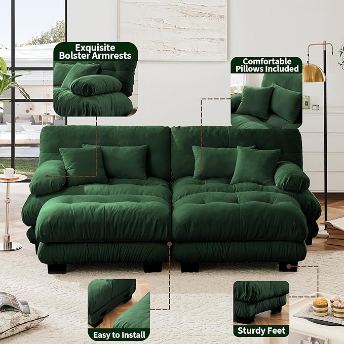Modular Sectional Sofa, Cloud Couch U Shaped Sectional Couches for Living Room, Green Couch Oversized Loveseat with Movable Ottoman, Modern Deep Seat Sofa with Throw Pillows, Chenille