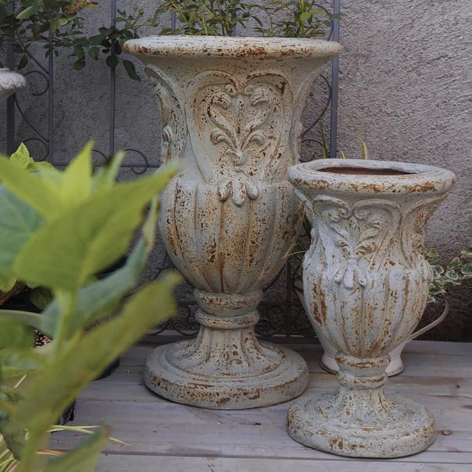 VISIBLE Vintage European Giant Garden Urn Planter, Decorative Cement and Fiber Flower Pot, Make Rust Finished, Wrap Foam Safely Delivered from Los Angeles (Vintage, Medium)