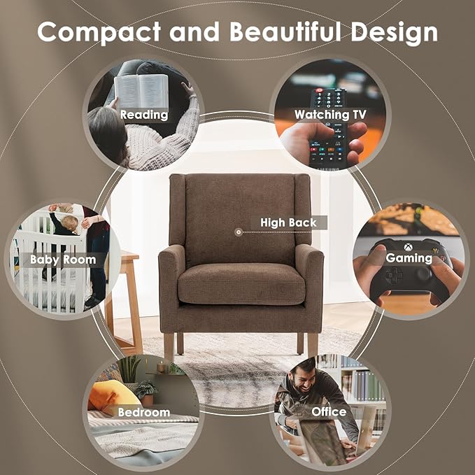 COLAMY Modern Wingback Living Room Chair Set of 2, Upholstered Fabric Accent Armchair, Single Sofa Chair with Lounge Seat and Wood Legs for Bedroom/Office/Reading Spaces, Brown